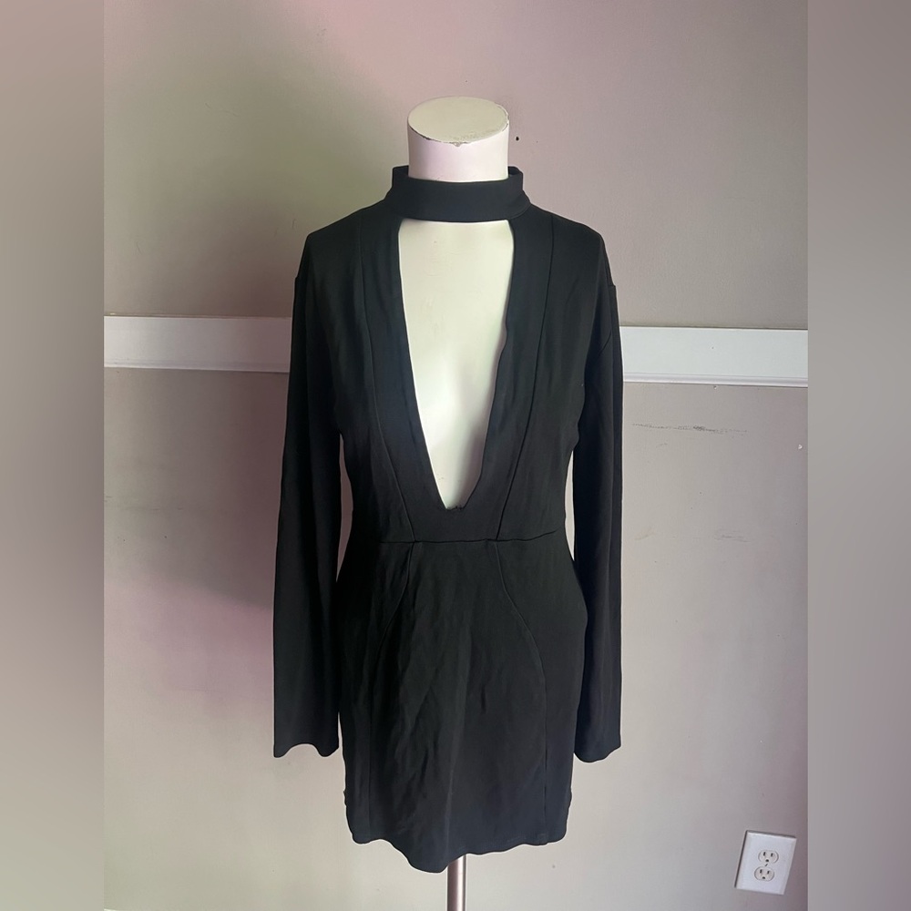 Necessary Clothing Black Long-Sleeve Mini Dress with Deep V and Choker